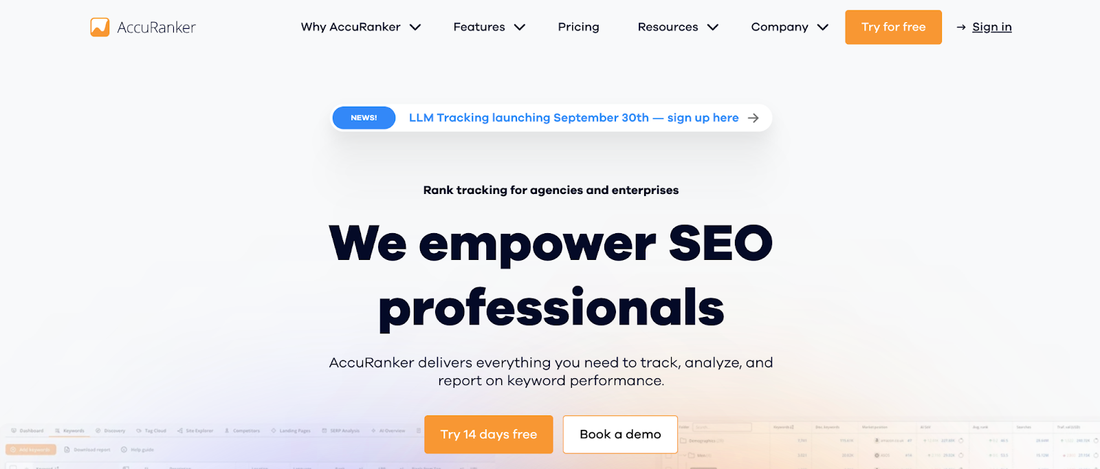A screenshot of the AccuRanker service's home page.
