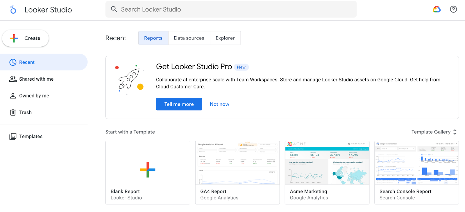 A screenshot of the Looker Studio Dashboard's home page.