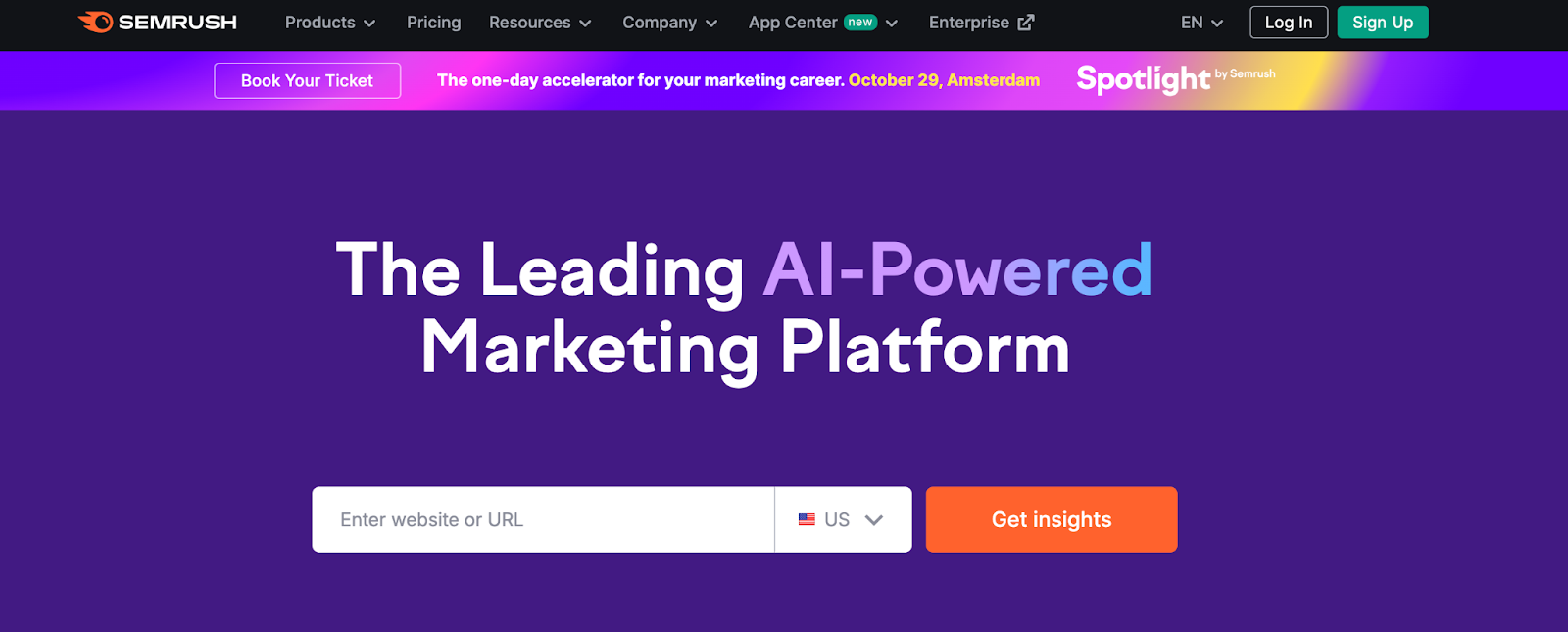 A screenshot of the Semrush homepage.