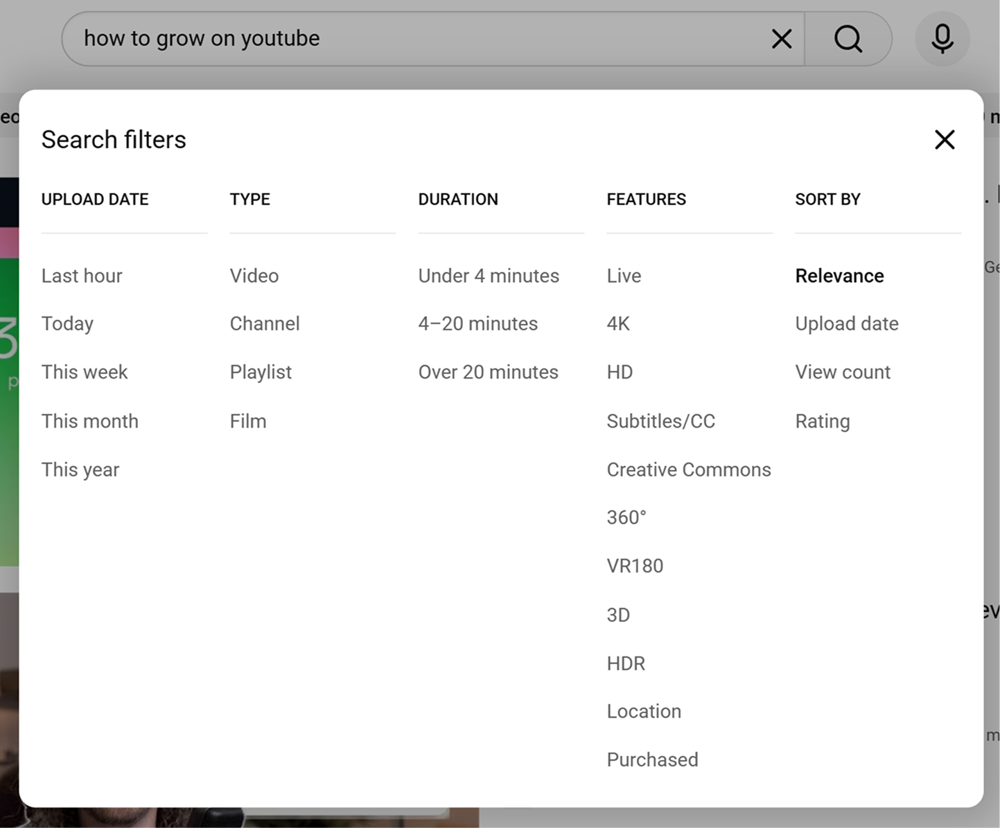 Search filters from YouTube