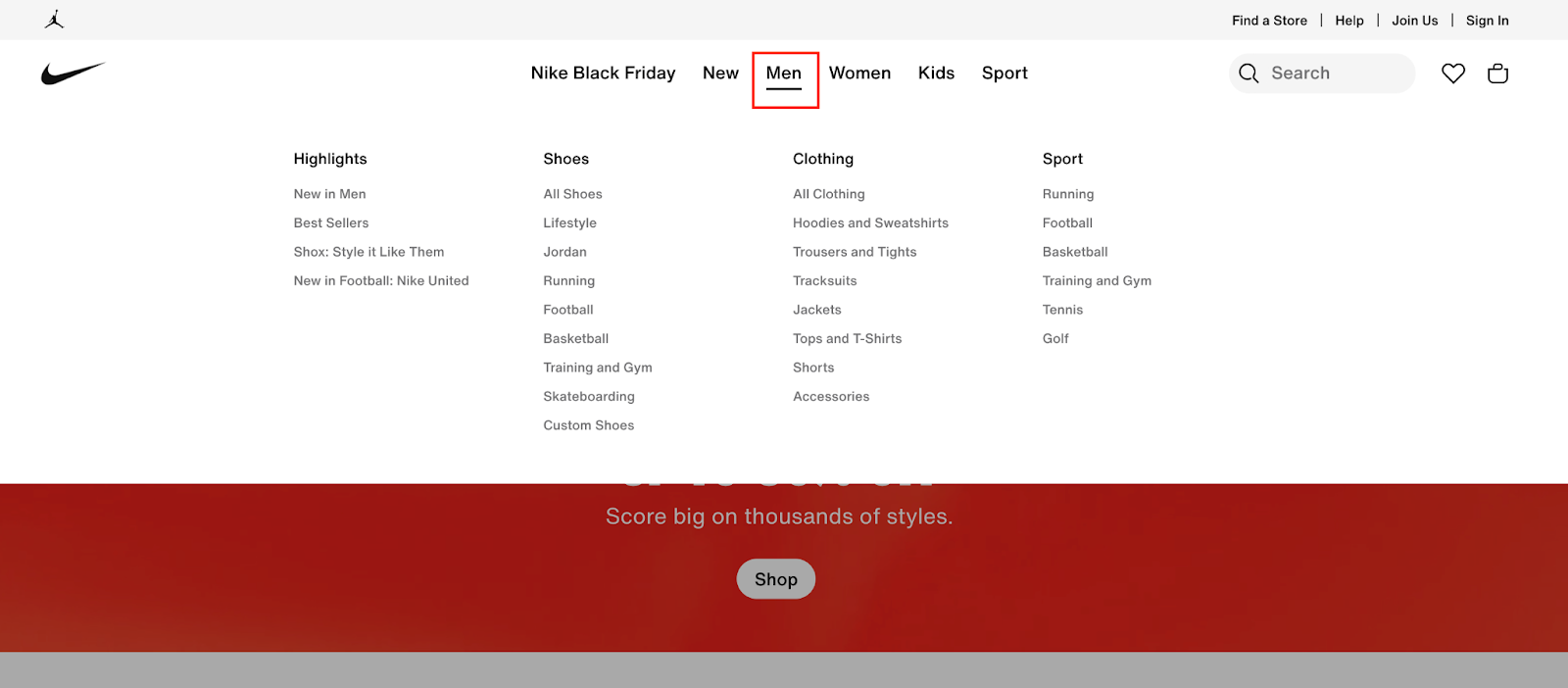 Screenshot from Nike website