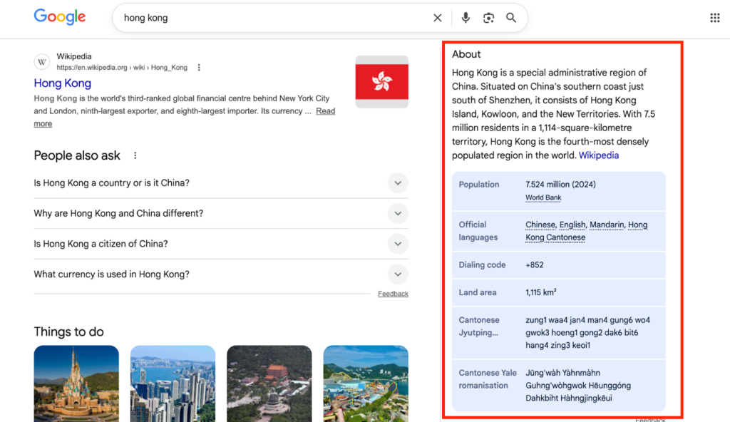 Screenshot of Google search results for Hong Kong
