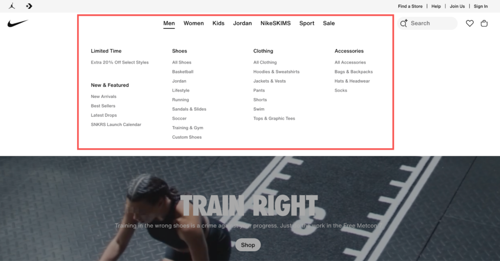 Nike website navigation with main menu and submenus linking to different sections