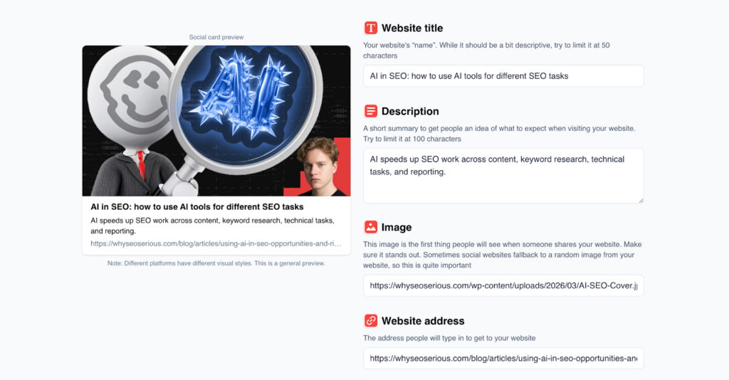 Preview of how a webpage appears when shared, including title, description and image