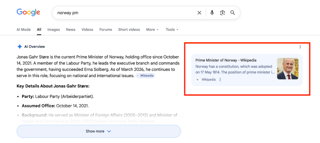 Google search results for the Prime Minister of Norway