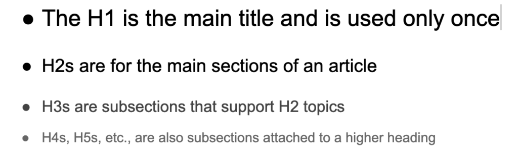 Examples of headings from H1 to H5 with different sizes